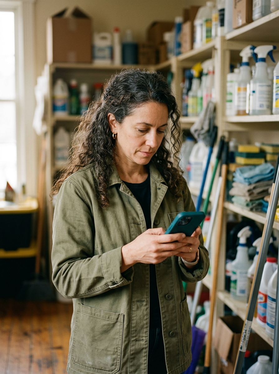 Image générée : une cheffe d'entreprise de nettoyage lit son téléphone dans sa réserve de produits d'entretien.